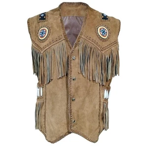 Classic Native American Fringe Vest, Vintage Leather Beaded Tassels Cowboy Vest - Picture 1 of 4