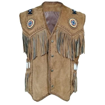 Classic Native American Fringe Vest, Vintage Leather Beaded Tassels Cowboy Vest - Image 1 of 4
