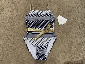 Tommy Bahama 1 Piece Swimsuit Navy/White Stripes Gold Tie Lined Girls Size 6 UPF - Picture 1 of 8