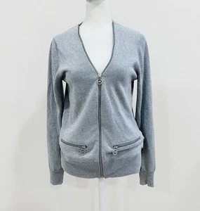 Michael Kors Grey Lurex Knit V-Neck Logo Zipper Pull Cardigan Jacket Size S - Picture 1 of 11