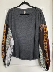 FREE PEOPLE We The Free Long Blossom Sleeve Thermal Top Gray BOHO Sz M - Picture 1 of 12