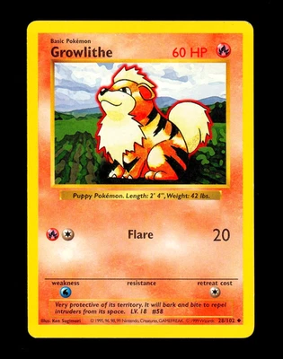 1999 Pokemon GROWLITHE Base Set SHADOWLESS Misprint LOW INK ERROR Card 28/102 EX - Image 1 of 3
