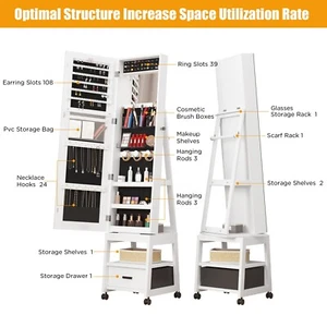 360° Swivel Jewelry Armoire, Floor Standing Locking, Drawer, Full Length Mirror - Picture 1 of 11