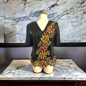 Vintage 1980s Stenay Nwt Sequined Beaded Evening Top Black Size Medium Holiday - Picture 1 of 24