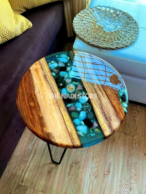 Wooden Table ,Pebbles Clear Resin Epoxy Table Top, For Home Decor - Image 1 of 4