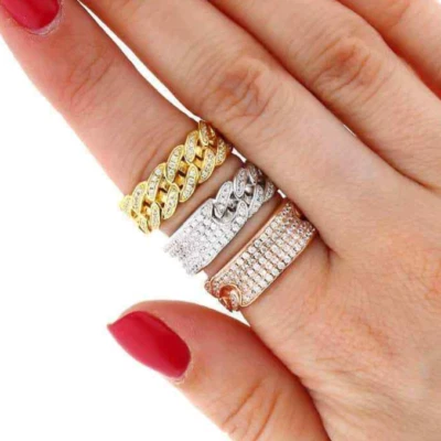 Gold Over 925 Silver All-Around 5-Row Pavé Accent Miami Cuban Ring - Image 1 of 4