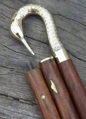 Antique Swan Style Brass Handle Vintage Wooden Walking Stick Cane Handmade Style - Image 1 of 4