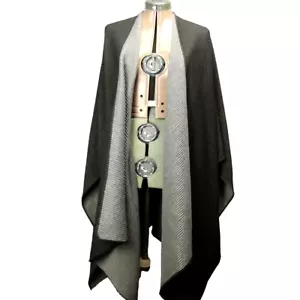 Jones New York Fleecy Ribbed Poncho Open Shawl Wrap Black Gray One Size - Picture 1 of 13