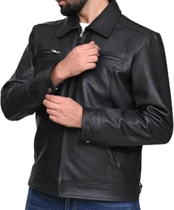 Black Genuine Cowhide Casual Leather Jacket for Men | Classic Style Jacket with - Picture 1 of 5