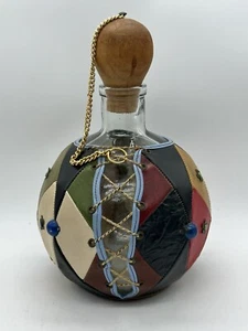 Vintage Multicolored Leather Wrapped Glass Decanter Wine Bottle Wood Stopper 9” - Picture 1 of 9