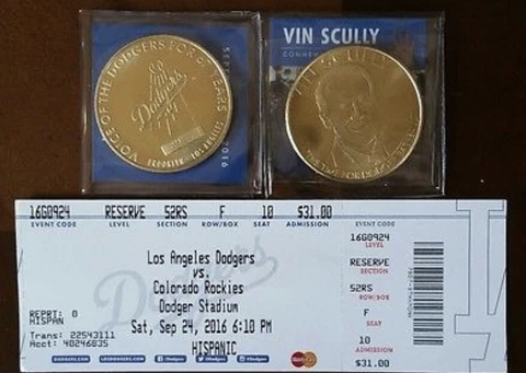 DODGERS SGA 9/24/16 VIN SCULLY COMMEMORATIVE COIN - NO GAME TICKET Cover