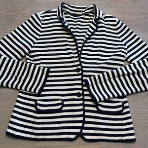 Ann Taylor Cardigan Blazer Sweater Women’s M Cream & Navy Striped Knit 2 Button - Picture 1 of 20