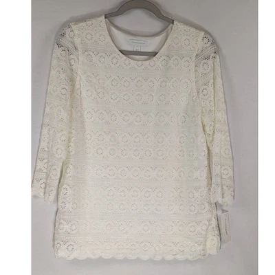 Blusa Charter Club Petite de Encaje Manga 3/4 Top Crema Marfil PL Ropa de Trabajo Formal Foto 1 de 4