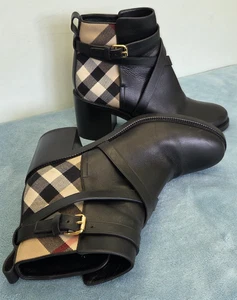 Burberry Ankle Boots Check/Black Leather Block Heel size EU 41, UK 8 - Picture 1 of 20