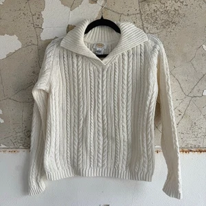 Vtg Cable Knit Polo Sweater 90s Fisherman Pullover Ivory Knit Womens Petite S - Picture 1 of 7