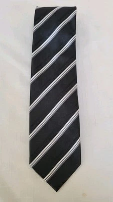 Firenze Men's Necktie 100% Silk Woven Designer Neck Tie Black And Silver Stripe - Image 1 of 4