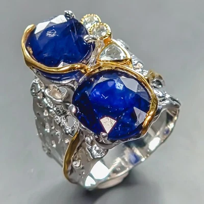 Anillo hecho a mano de 12 quilates + zafiro azul plata de ley 925 talla 7/R443742 Foto 1 de 4