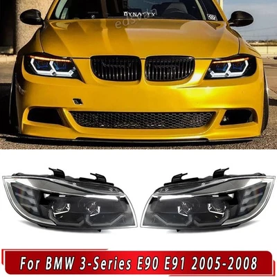 For 2005-2008 BMW 3-Series E90 White LED 3D Crystal U-Halo Black Front Headlight - Image 1 of 4