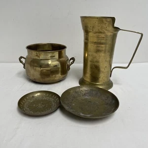 4 Pc Vintage Mixed Lot Solid Brass Trinket Dish (2), Pitcher,  Pot Planter Bowl - Picture 1 of 13
