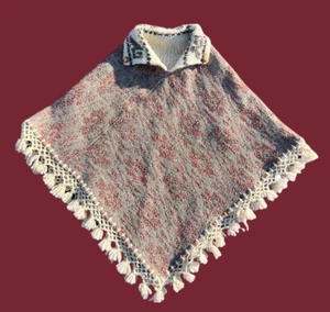 1970er Jahre handgefertigte Decke Poncho Pullover Fransen gehäkelt Strick Kragen Inuit Symbol - Bild 1 von 23