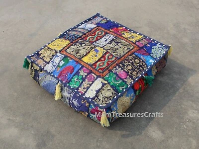 Blue Patchwork Square Floor Pillow Bohemian Decorative Pillow Vintage Covers AU - Image 1 of 4