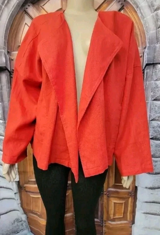 Eileen Fisher 100% Organic Linen Open Front Jacket Large Geranium Red Draped - Image 1 of 4