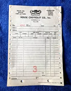 1930's HOUSE CHEVROLET CO, PLYMOUTH, NC - Vintage Sales Receipt, ALEMITE SERVICE - Picture 1 of 7