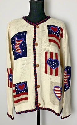 Norm Thompson 女式“爱国主题旗帜”开衫毛衣 L 码 100% 棉 — 第 1/4 张图片