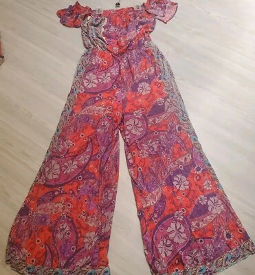 Mono Carmen Free People M Rojo/Púrpura Floral Paisley Pierna Ancha Hombro Descubierto  Foto 1 de 4