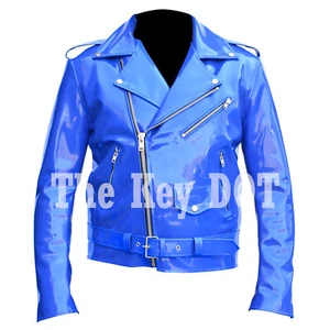 Men PVC Vinyl Blue Jacket Glossy WET Look Motorcycle Shiny Rock Star Jacket - Picture 1 of 2