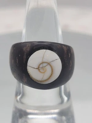 Shiva Eye Shell Inlay Ring Wide Band Dark Horn Wood Look Boho Surfer - Image 1 of 4