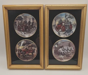 Set of 4 Framed Robert Banks Firefighters Mini Porcelain Plates Steam Pumps - Picture 1 of 18