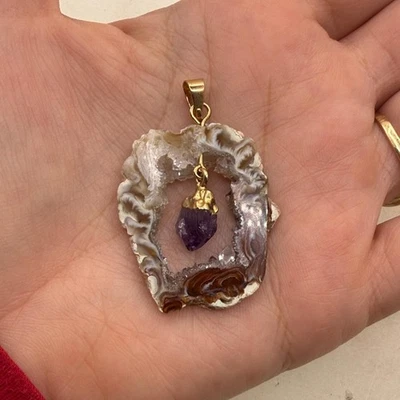 Colgante Geoda Natural Rebanada Cristal Amatista Joyería Boho Piedra Púrpura Foto 1 de 4