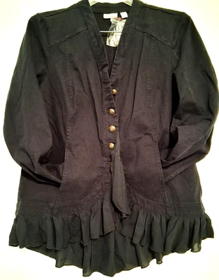 Logo Lori Goldstein Black Denim Jean Jacket Ruffled Hem Size 8 M Whimisigoth NWT - Image 1 of 4
