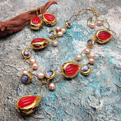 Cultured 紫色珍珠 16 毫米 Murano 玻璃 24x30 毫米红色石英小饰品项链 — 第 1/4 张图片