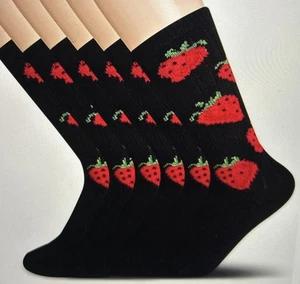 6 Pairs Henry Rue Strawberry Cotton Woman Crew Socks In Gift Box - Picture 1 of 5