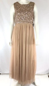 Maya Deluxe Maternity Dress Size 10 Sequin Sleeveless Tulle Maxi Taupe Blush - Picture 1 of 9
