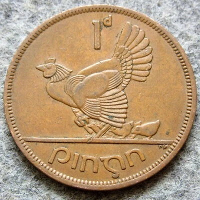 IRELAND 1968 1 PINGIN - ONE PENNY, HEN WITH CHICKS & Gaelic Harp Bronze km# 11 - Image 1 of 4