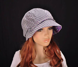 M195 Grey Nice Stripe Cotton Sun Hat Brim Cap Bucket Newsboy Summer Women's NWT
