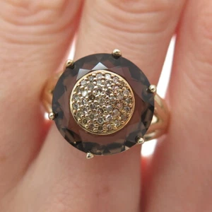 HN HENG NGAI Sterling Silver Gold Plated Real Diamond & Smoky Quartz Ring Size 9 - Picture 1 of 9