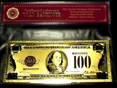 99.9% 24K GOLD 1928 $100 GOLD CERTIFICATE BILL US BANKNOTE IN PVC W COA - Image 1 of 4