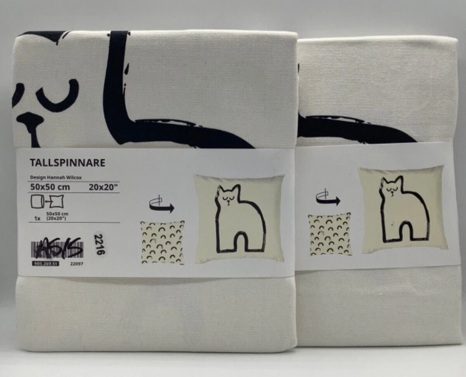 Set of 2 - Ikea TALLSPINNARE 20x20"  Pillow cushion cover Cat  Off-White/Black - Image 1 of 1