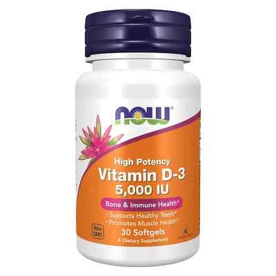 NOW FOODS Vitamina D-3 5000 UI 30 Cápsulas Blandas, Salud Ósea e Inmune, Dientes, Músculo Foto 1 de 4