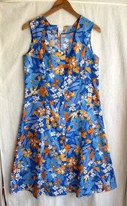 Vintage Blue Orange Floral Button Dress Size 12 Retro 70s Holiday - Picture 1 of 13