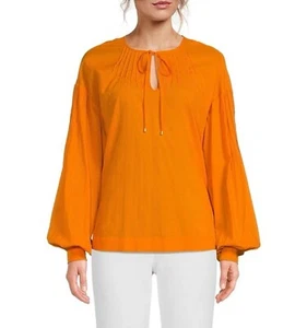 NWT Trina Turk Size XL Woven Cape Coral Crew Neck Pintuck Tie Front Top $248 - Picture 1 of 12