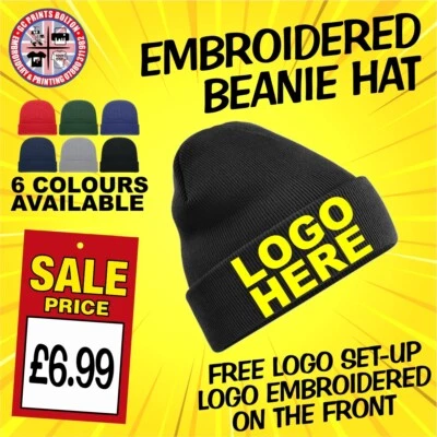 Personalised Beanie hat, EMBROIDERED with FREE TEXT & LOGO, GC Prints Bolton LTD