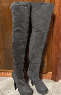 Gray Suede Above Knee Boots Size 6.5 Sexy Club - Image 1 of 4