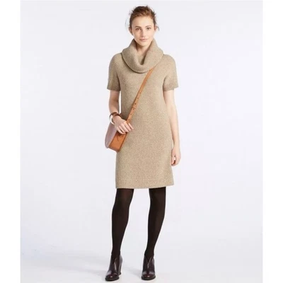 L.L.Bean Mezcla de Lana Manga Corta Capucha Suéter Avena/Bronceado Rodilla Vestido Pequeño Foto 1 de 4