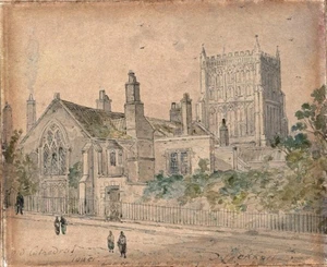 Old Cathedral Tower Bristol Antik Miniatur Aquarell Gemälde - D. Lockhart - Bild 1 von 5