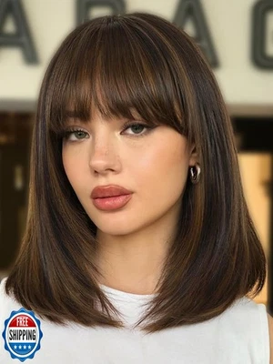 Pelucas FANCEE Highlight en capas con flequillo 14 pulgadas cortas mezcladas marrón sin pegamento R Foto 1 de 4